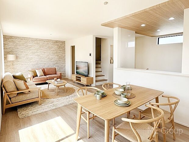 【リビング】プライバシーも守れる2階リビングは明るく開放感たっぷり ※家具はCGです