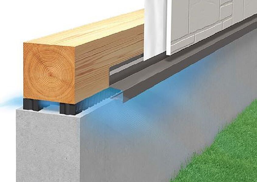 基礎と土台の間に基礎パッキンを入れることにより分離させ、土台からの湿気を基礎へ浸透するのを防ぎます。また、床下換気が可能です。
