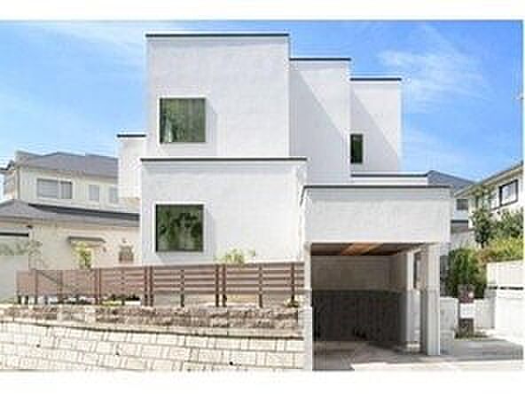 【外観】【建物プラン例 建物価格1980万円(税込み)、建物面積100m2】白を基調とした洗練のモダンデザイン。直線が織りなす美しい外観が、街並みに映える上質な住まいです