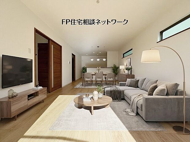 【リビング】【同仕様:リビング20.2帖】 本画像はAIがCGで衣類を作成しており、実際の現地に衣類は設置されておりません。また、販売価格に衣類等は含まれておりません。