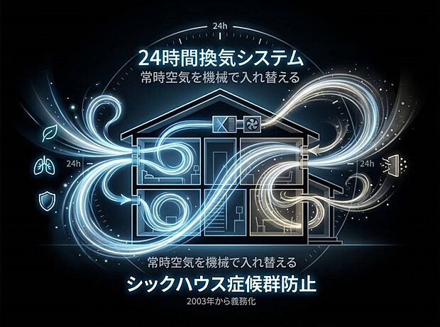 【その他内観】24時間換気システム　シックハウス防止を主な目的に全ての住宅に義務化された。1時間に換気回数0.5回以上の機械換気を行う。