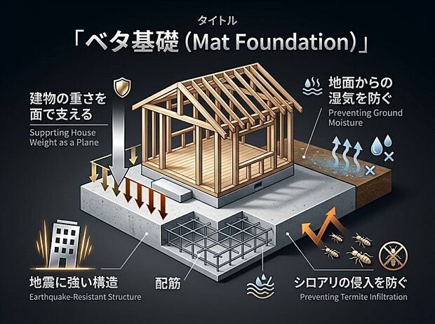 【ベタ基礎】大きな面で家の重みを支え地震に強いのが特徴です。また床下の地面をすべてコンクリートで覆うので、湿気が建物に伝わりにくく住宅の木材の腐食等の心配も減ります。
