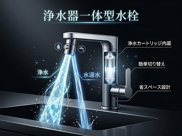 【浄水器一体型水栓】別置きの浄水器が不要のため省スペースで設置可能。手元のレバーやボタンで簡単に浄水と水道水を切り替えられ、快適に利用できます。