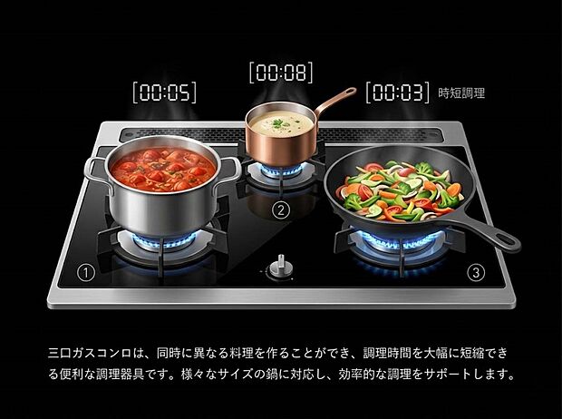 【三口ガスコンロ】慣れている方も多く、火力が目に見えるため、使いやすいという方も多い、3口のガスコンロ仕様です。