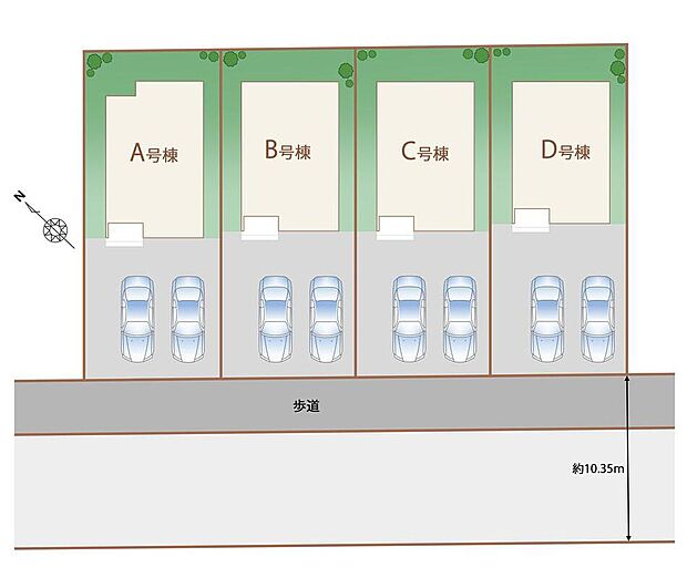 全3棟（A号棟・C号棟・D号棟）のご案内です♪　全4棟の整形地で、全区画に駐車2台分を確保。前面道路は約10.3mと広く、車の出し入れもスムーズで開放感のある分譲地です。
