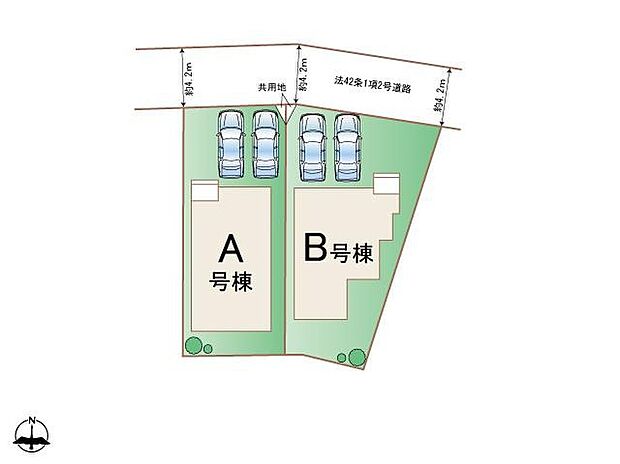 A号棟、B号棟のご案内です♪ともに車2台の並列駐車が可能、前面道路4.2mを確保したゆとりある配棟計画です。