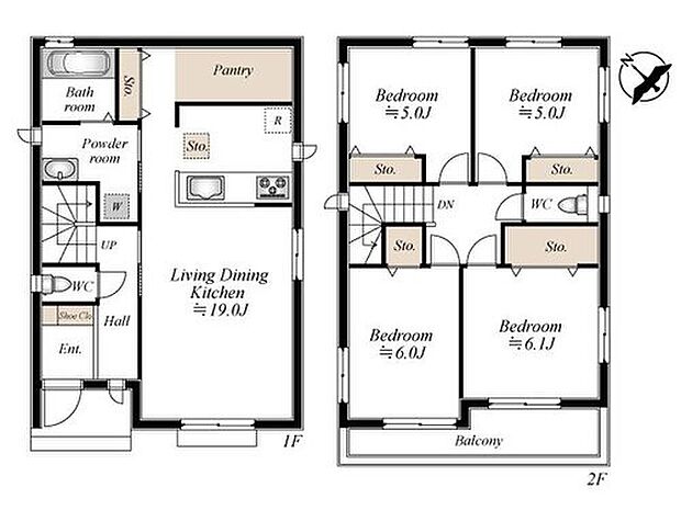 【4LDK】・LDK約19帖の広々空間で家族団らんを楽しめる設計
・パントリー付きキッチンで食品ストックや整理整頓も便利
・全居室収納＋各部屋ゆとりある広さで使いやすい間取り