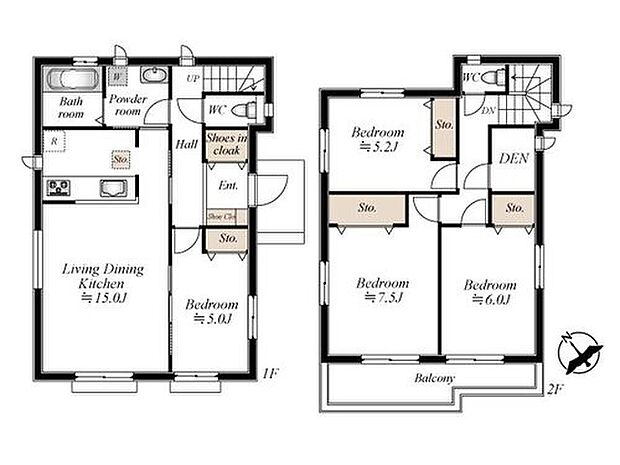 【4LDK】・LDK15帖、全室2面採光！
・SICや2階には納戸もあり、収納豊富♪
・南面バルコニーで陽当たり良好！