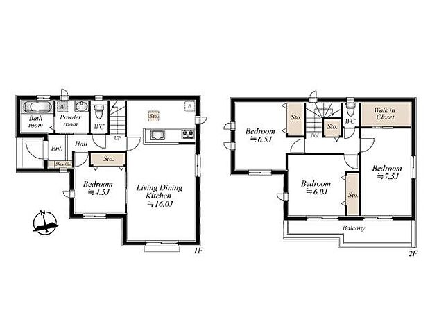 【4LDK】ゆとりある4LDKプラン。16帖の広々としたLDKを中心に、ウォークインクローゼットや全居室収納を備えた、片付け上手な住まい。南面バルコニーからは心地よい光が差し込みます。