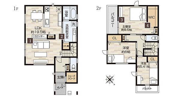 【【1号地参考プラン】】カウンターが家族の笑顔をつなぐ心地よい住まい。視線を遮らず空間を緩やかに分離。圧迫感なく家族の気配を感じられる空間です。