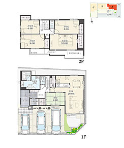 5LDK+ウォークインクローゼット+玄関収納+パントリー+ランドリースペース
駐車3台可
※有効敷地面積／161.53m2 (48.86坪) 
※延床面積にバルコニー面積の一部(2.90m2)含む

LDKと和室の扉を開ければ一体利用が可能。洗面室にランドリースペースがあります。南向きのバルコニーに洋室2部屋が面して、日当たり良好です。 