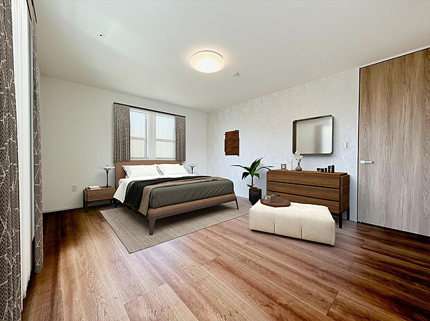 【【主寝室同仕様】】ウォークインクローゼット付きのゆとりある主寝室。ダブルベッドを置くことができる広さです。ゆとりの寛ぎ空間でプライベートタイムをゆったりとお過ごしいただけます。