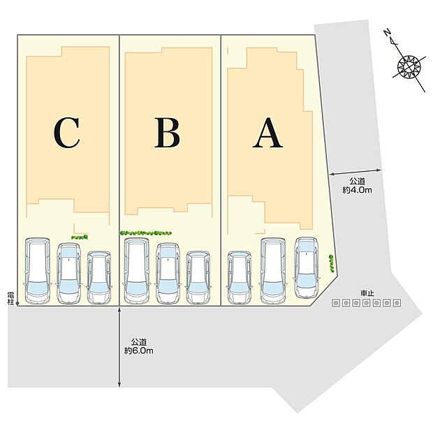 全区画45坪以上の広々とした敷地!前面道路は幅員約6.0mで車の出し入れもスムーズ。陽光が降り注ぐ明るい住まいです。A棟は開放感のある角地に位置しています。