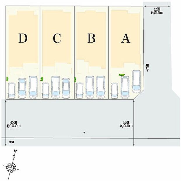 角地を含む全4棟のご案内です♪南側前面道路に面した住まいで、たっぷりの日差しが差し込みます。前面道路幅にはゆとりがあり、お車のすれ違いや入出庫をスムーズに行えそうです。