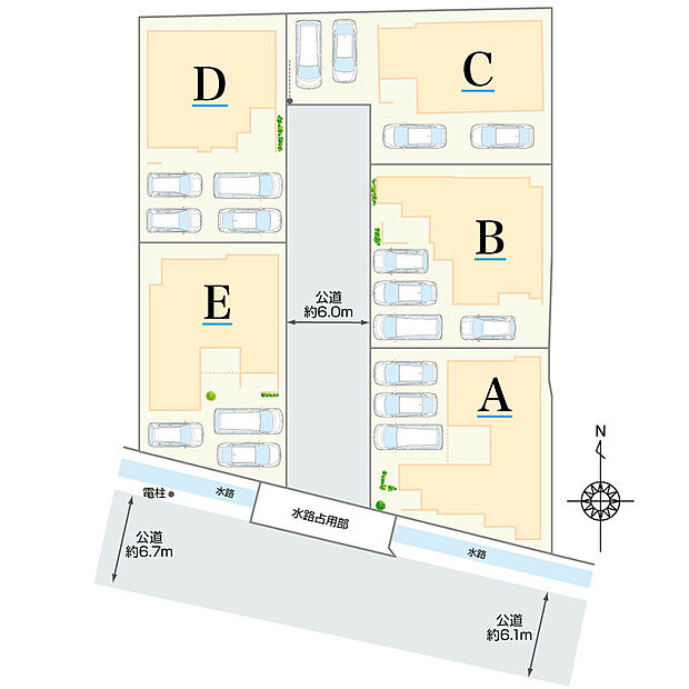 全5棟の新しい街並み。3~4台分の駐車スペース付きです。前面道路幅員は6m以上のゆとりがあり、出入りの際の安全確認を行いやすいです。
