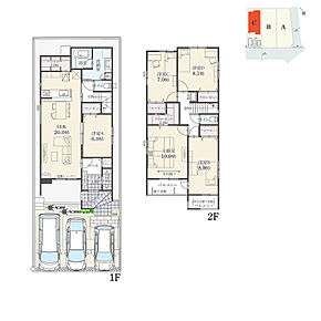 5LDK+ウォークインクローゼット+玄関収納+コートクローク+パントリー
駐車3台可
※延床面積にバルコニー面積の一部(1.20m2)含む

全居室6帖以上・洋室タイプの間取り。20.0帖のLDKに6.0帖の洋室が隣接し、一体利用で26.0帖の寛ぎ空間が広がります。 