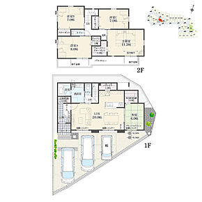 5LDK+多目的収納+Wウォークインクローゼット+玄関収納+パントリー
駐車3台分
※建物面積に設備設置スペースの一部(1.61m2)含む

忙しい朝に混雑せずスムーズに身支度ができる、2階洗面付き。 
