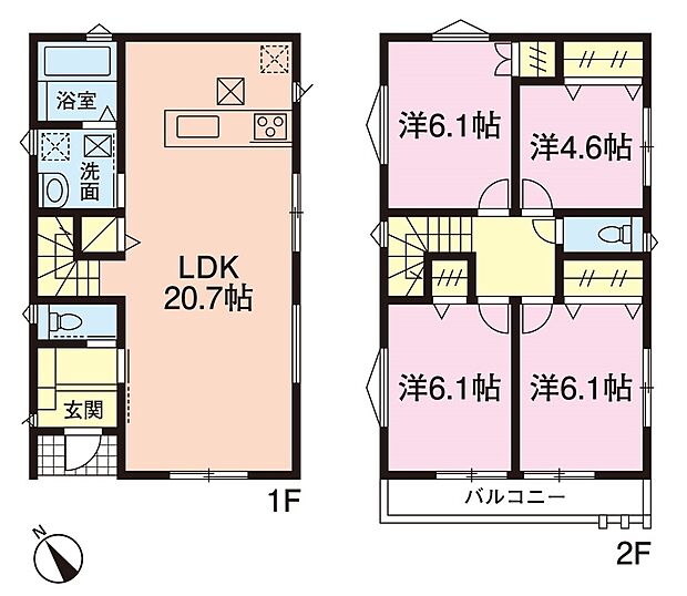 2区画建設予定の間取図。20.7帖の広々リビングに、6.1帖の居室が3部屋。4.5帖のサービスルーム付きです。