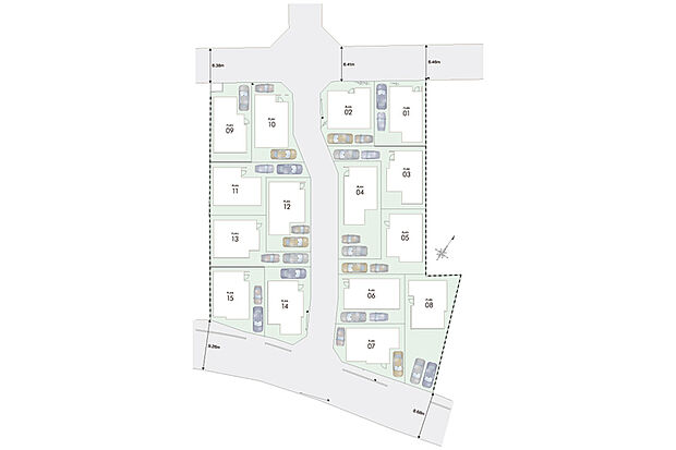 【多彩な敷地を活かした配棟計画】
105m2~163m2の多彩な敷地で構成する街には、1邸ごとの敷地を活かした住まいを考案。カースペースを抱き合わせることで街全体に広がりと開放感を創出しています。