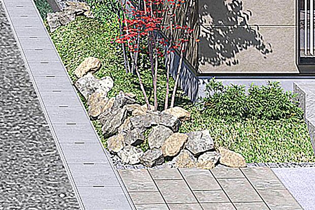 【【鳥海石】】ごつごつした石の質感が趣のある鳥海石。植栽とも調和し、重厚感を演出します。年月とともに苔むしたり風合いが変化し、暮らすほどに愛着が湧く空間になります。※号棟により採用状況が異なります。