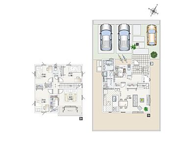 1階で洗濯～収納までラクラク完結！
室内干し洗面室×ファミリークローゼットのある家。
並列駐車3台・４ＬＤＫ 
