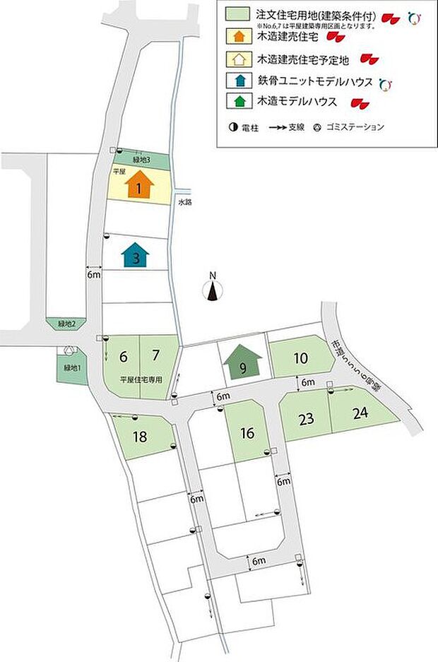 建売住宅：１棟
注文住宅用地：７区画販売中
平屋専用注文住宅用地を２区画ご用意！