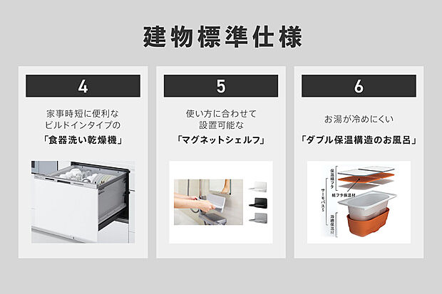 【建物標準仕様】・食器洗い乾燥機
・浴室の使い勝手を高める収納棚
・保温性能の高いお風呂