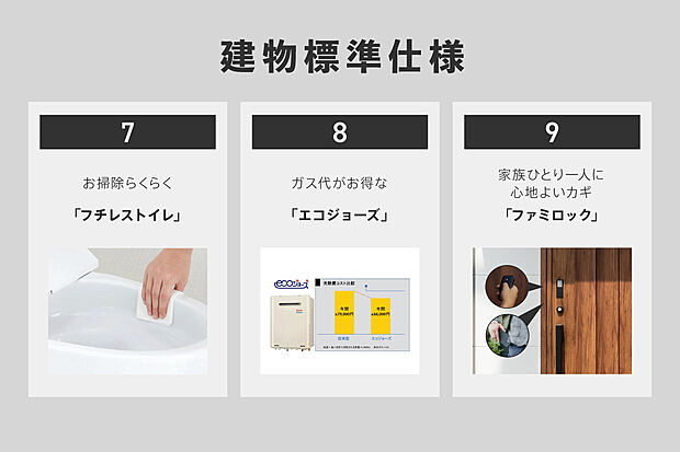 【 建物標準仕様】・お掃除らくらく「フチレストイレ」
・ガス代がお得「エコジョーズ」
・家族ひとり一人に心地よいカギ「ファミロック」