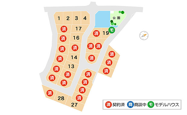 全体区画図 19号地のモデルハウスは準備中です。令和8年7月完成予定。