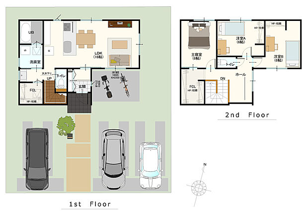 【◆建物プラン例(間取り図)◆】3LDK+ファミリークローゼット
土地面積:175.31m2(53.03坪)、建物面積:94.20m2(28.48坪)、建物価格:2108万円