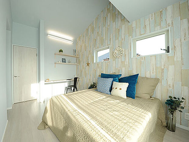 【【プラン例】】デスクスペースのある寝室。一部だけ天井を高くすることで、ちょっとしたインテリアにもなり、コテージのようなお洒落な室内に仕上げました。