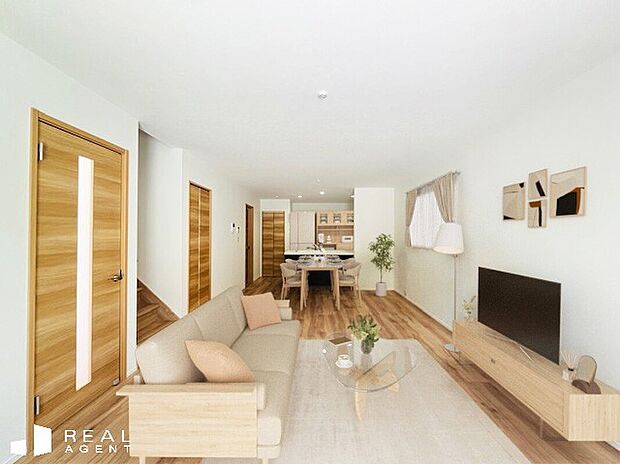 【B号棟リビング】優しい色合いのフローリングで、ご家族が自然と集まる憩いの場に。(配置されている家具はCGによるイメージです)