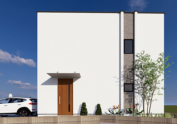 【外観CG/2号地参考プラン】スクエアのフォルムが目をひくシンプルモダンなデザイン。LDKは広々約18帖!一角に宿題や在宅ワーク、書斎などマルチにお使いいただける、カウンターを備えたプランでをご用意。