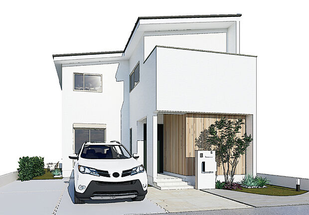 【【外観CG/5号地参考プラン】】ホワイト×ブラックでスタイリッシュなツートンが目をひく、収納充実プラン。回遊動線や機能的な水回りなど、快適へのこだわりあふれる参考プランの数々をご用意しております。/建物価格2242.5万円、建物面積90.26m2、3LDK