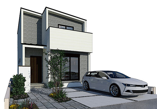 【【外観CG/15号地参考プラン】】スクエアの組み合わが奥行きを添えるシルエット。LDKやバルコニーが南向き!通り抜けができるFCLや回遊動線により、帰宅やお出かけ、家事がスムーズです。/建物価格2255.3万円、建物面積93.56m2、3LDK