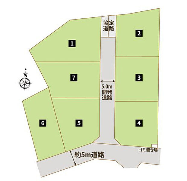 【全体区画図】敷地全区画60坪以上。車通りが少なく安全に駐車することが可能です。