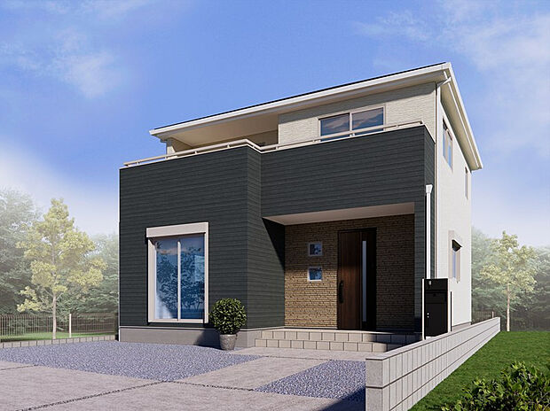 【外観完成イメージ】玄関回りの温かみのあるデザインが印象的な外観となっております。植栽の緑も映えるので、住んでからの楽しみがあるお家です♪


