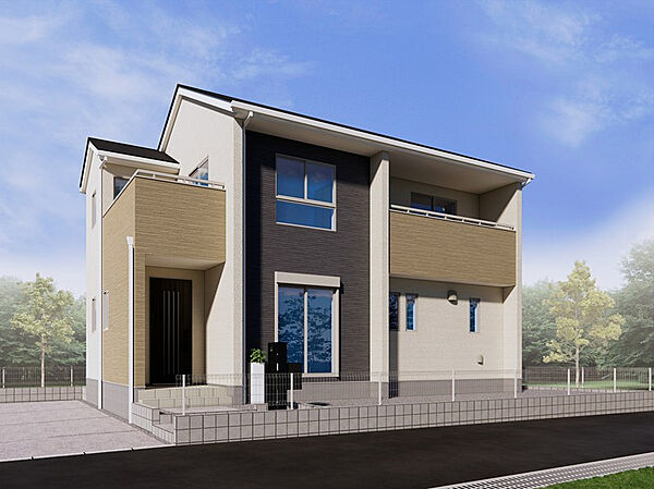 【外観完成イメージ】　外壁は優しい色合いで張り分けられ、ナチュラルな印象の外観です！デザイン性の高い窓の配置により、シンプルながらも洗練されたデザインに仕上がっています！