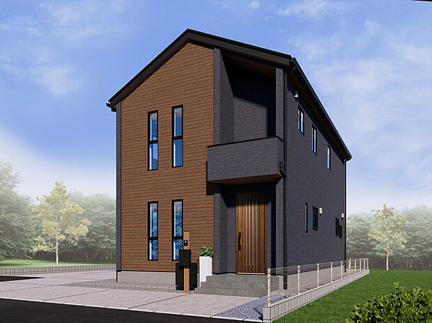 【3号棟 外観イメージパース】
落ち着いた色の外壁をベースに木目調の張り分けが美しく調和し、洗練されたモダンな印象の外観デザインとなっております。