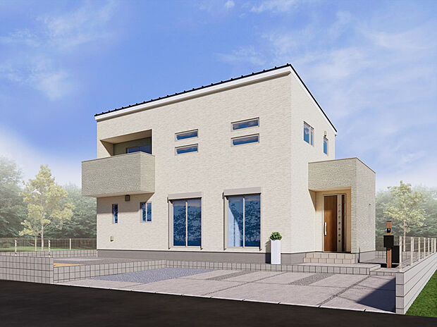 【1号棟 外観パース】住む人に安らぎをもらたす、優しい色合いの外観です!規則的に美しく配置された窓が、シンプルデザインをより洗練された印象に仕上げています。