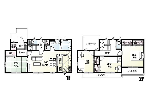 【2号棟:間取図】リビングを通って階段を上がる設計で、自然と家族が顔を合わせられる間取り。コミュニケーションが増える工夫です。