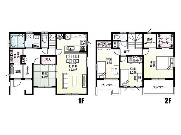 玄関から、ホールから２方向から土間収納へ！物入付きでコートなど掛けて置いておけます！主寝室にはWIC2.2帖＋書斎コーナー付！来客があった際、玄関から直接和室に案内することができます。
