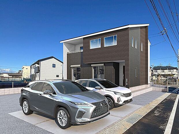 【館林市朝日町2期9区画　5号棟　外観完成イメージ】　 南側と東側にはモノトーンで貼り分け北側と西側はホワイト1色にし角度で全く違う印象を受ける外観です。※現地写真に完成イメージ画像を合成したものです