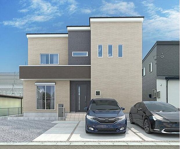 【2号棟 外観パース】グレーを基調としたシックなデザイン。重厚感もあり、クールでおしゃれな雰囲気はデザイナー住宅も想像させる外観です。