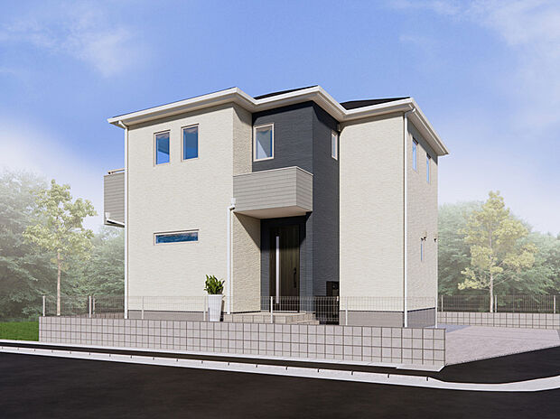 【1号棟　外観パース】
明るい色を基調に、ダークカラーのアクセントが映えるモダンな外観デザイン。直線的なフォルムが美しく、落ち着きと上品さを兼ね備えた佇まいです。