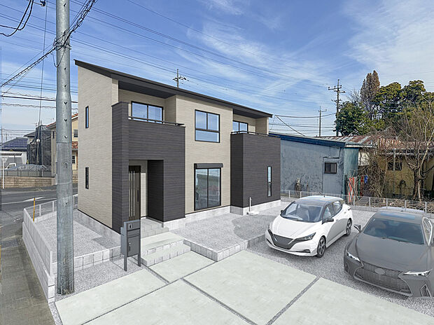 【外観完成イメージ】
ブラックの外壁は南側にのみ使用しており、見る角度で全く違った印象の外観デザインとなっております。※現地写真に完成イメージ画像を合成したものです。