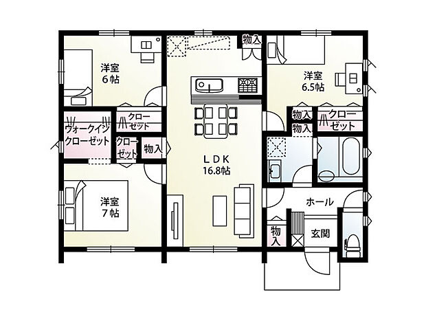 【3LDK】3LDKの平屋建て住宅です。ホールの共有収納、パントリー、リビング収納、洗面室収納、ウォークインクローゼットなど収納スペース充実プランです！