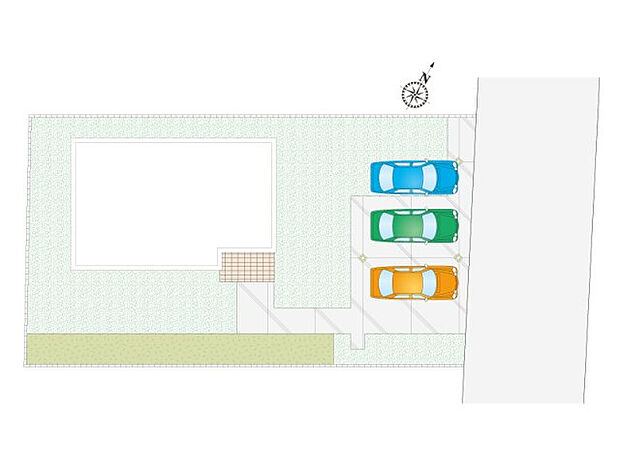 【4LDK】 敷地面積258.32m2(78.14坪) 建物面積111.78m2(33.81坪) 並列3台ゆったり駐車可能です。