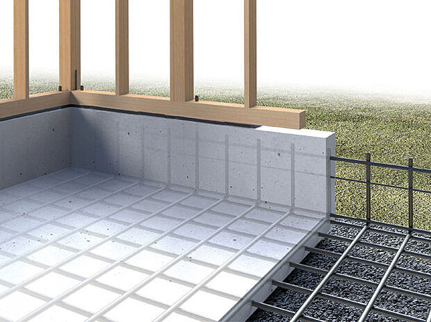【ベタ基礎工法】ベタ基礎は地面全体を基礎で覆うため建物の荷重を分散して地面に伝えることができ、不動沈下に対する耐久性や耐震性を向上させることができます。また、床下全面がコンクリートになるので防湿対策にもなります。