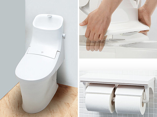 【ベーシアシャワートイレ(LIXIL)】フチレス形状やお掃除リフトアップ機能などお手入れのしやすさが特徴。壁設置型のリモコンと2連巻き器が備え付けとなっている超節水タイプのシャワートイレです。